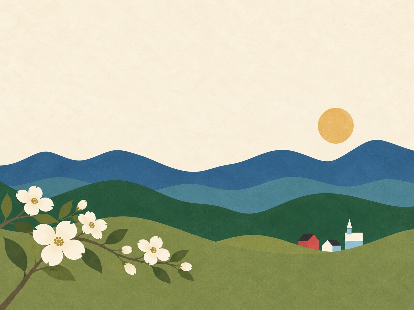 Blue and green Shenandoah Valley mountains beneath a golden sun, with white dogwood flowers, a red barn, and a small country church.