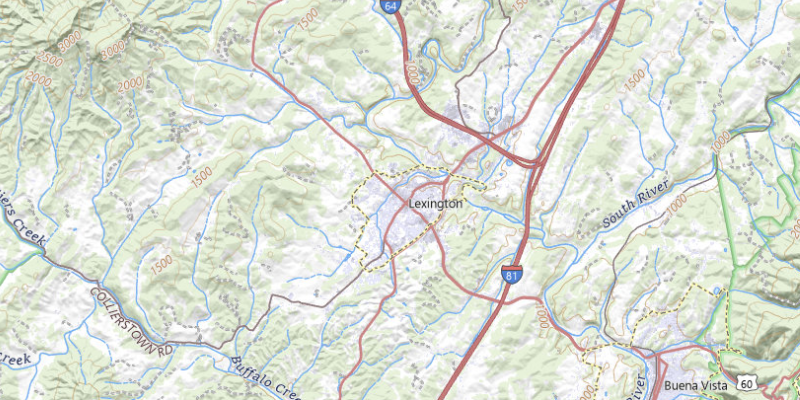 USGS regional map showing Lexington, Buena Vista, nearby rivers, and roads. No bakery location is marked.
