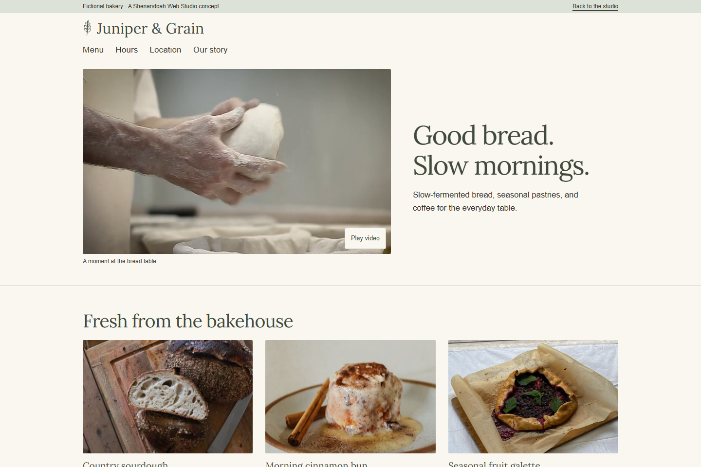 Current Juniper and Grain desktop website: an ivory layout, bread-making video, delicate olive headings, and photographed bakery highlights.